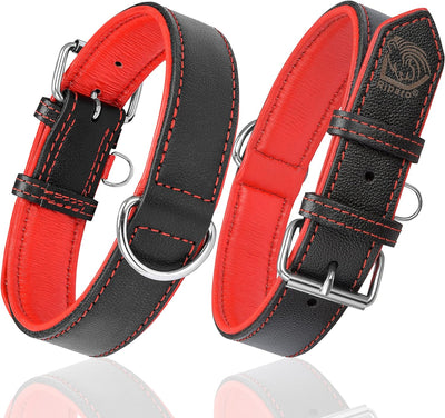 Small-Extra Large Riparo Adjustable Leather Dog Collar - Heavy Duty Wide Dog Collar for Small, Medium, Large and Extra Large Dogs with Dog Tag Holder (XXL: 2” Wide for 24”-29” Neck, Black/Red Thread)