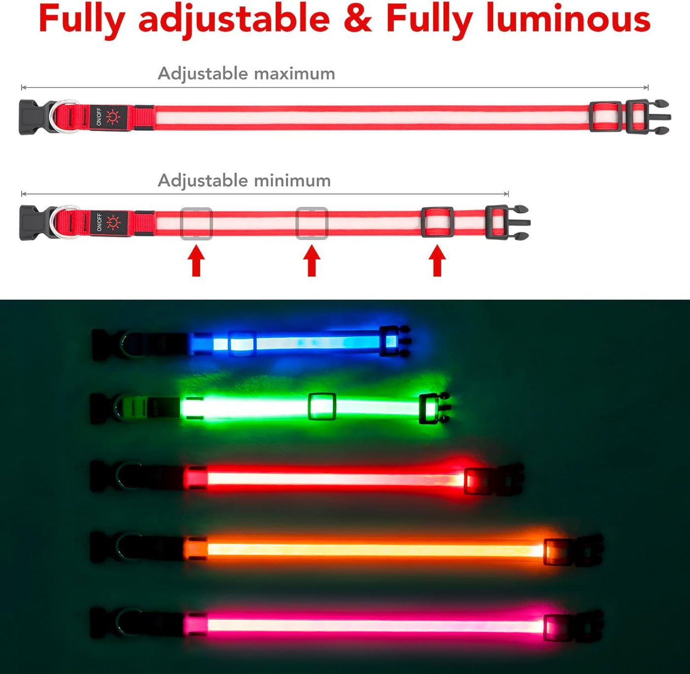 LED Light up Dog Collar Adjustable USB Rechargeable Super Bright Safety Light Glowing Collars for Dogs(Medium,Red)