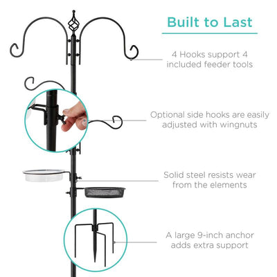 Best Choice Products 91In 4-Hook Bird Feeding Station, Steel Multi-Feeder Stand W/ 2 Feeders, Tray, Bird Bath